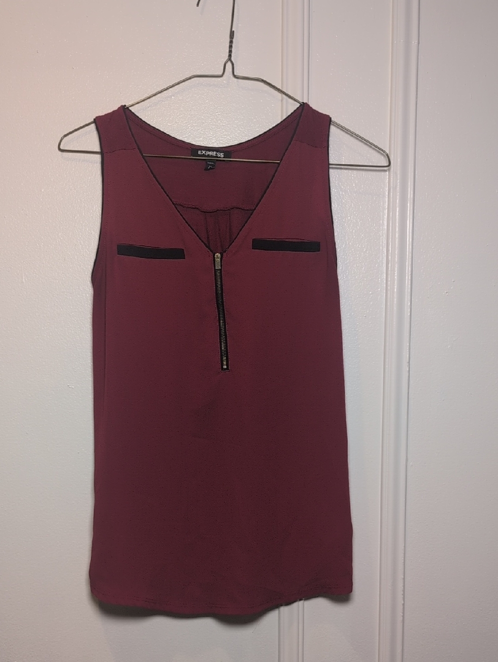 Express Burgundy Sleeveless Zip Tank with Faux Pocket Trim